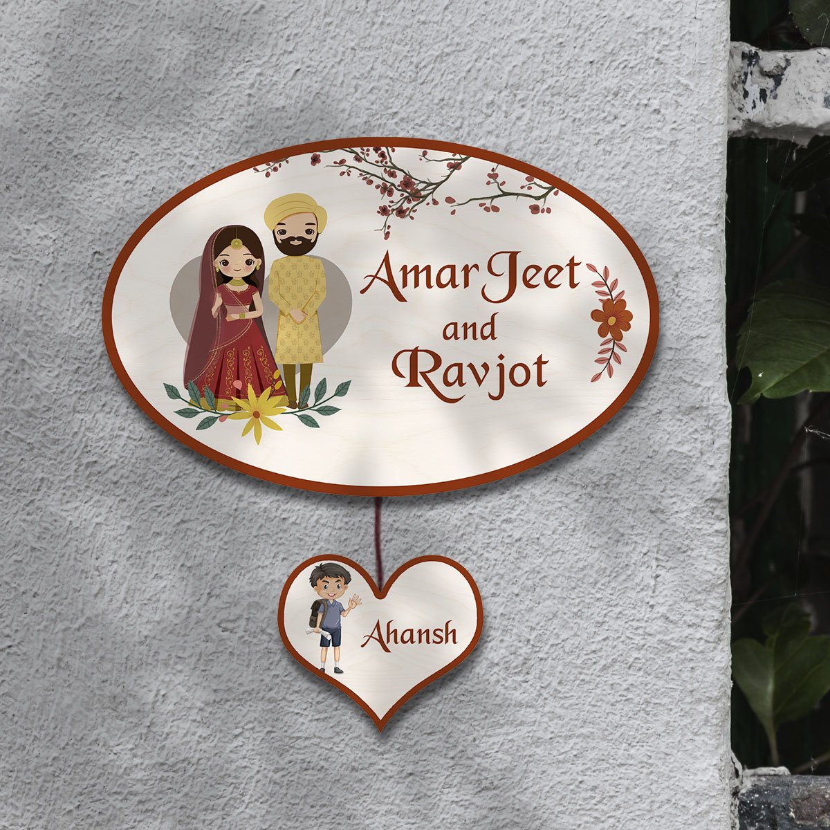 Punjabi Name Plate for Home – Wedding Couple Oval - Sblossom