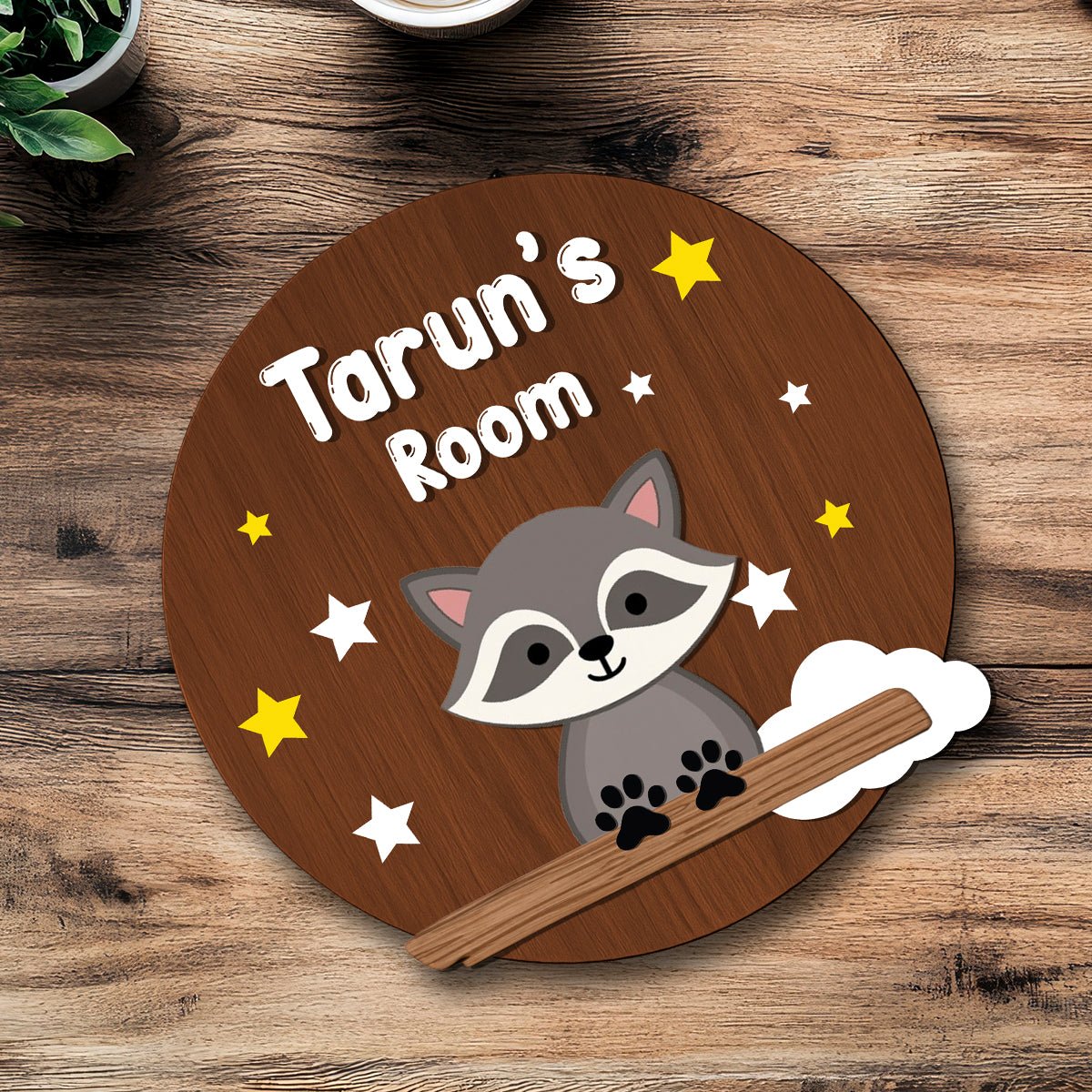 Raccoon Name Plate for Kids Room — Wooden Stars, 12x12 Inch - Sblossom