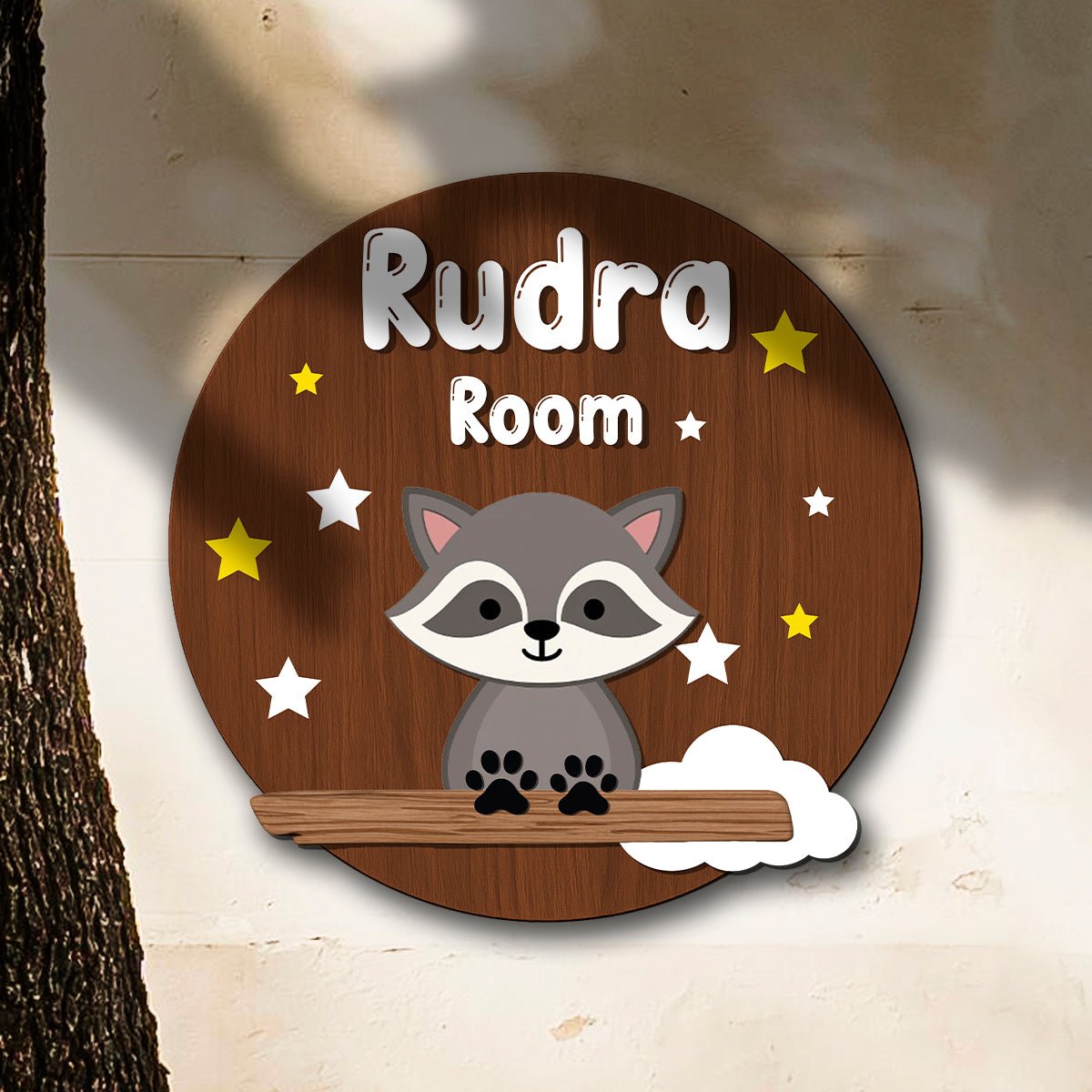 Raccoon Name Plate for Kids Room — Wooden Stars, 12x12 Inch - Sblossom