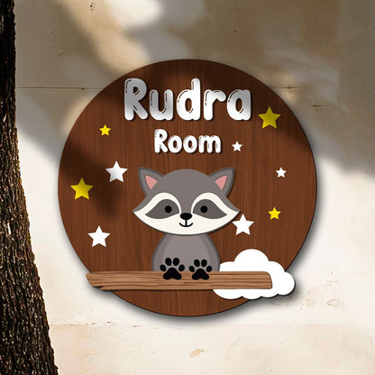 Raccoon Name Plate for Kids Room — Wooden Stars, 12x12 Inch - Sblossom