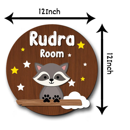 Raccoon Name Plate for Kids Room — Wooden Stars, 12x12 Inch - Sblossom