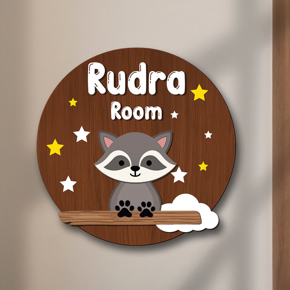 Raccoon Name Plate for Kids Room — Wooden Stars, 12x12 Inch - Sblossom