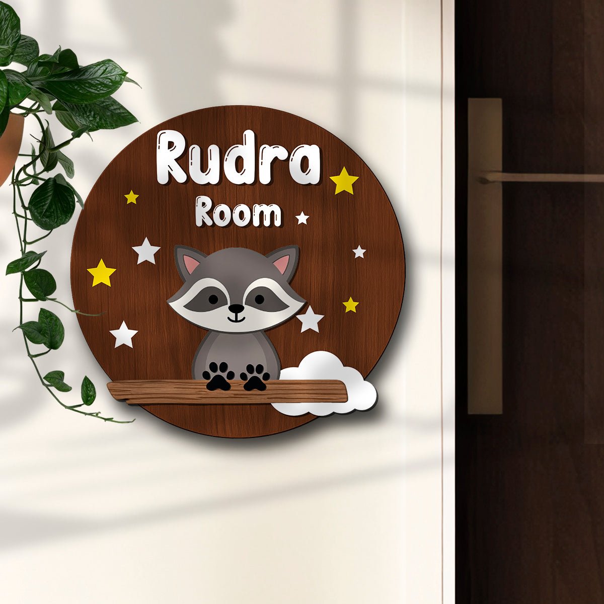 Raccoon Name Plate for Kids Room — Wooden Stars, 12x12 Inch - Sblossom