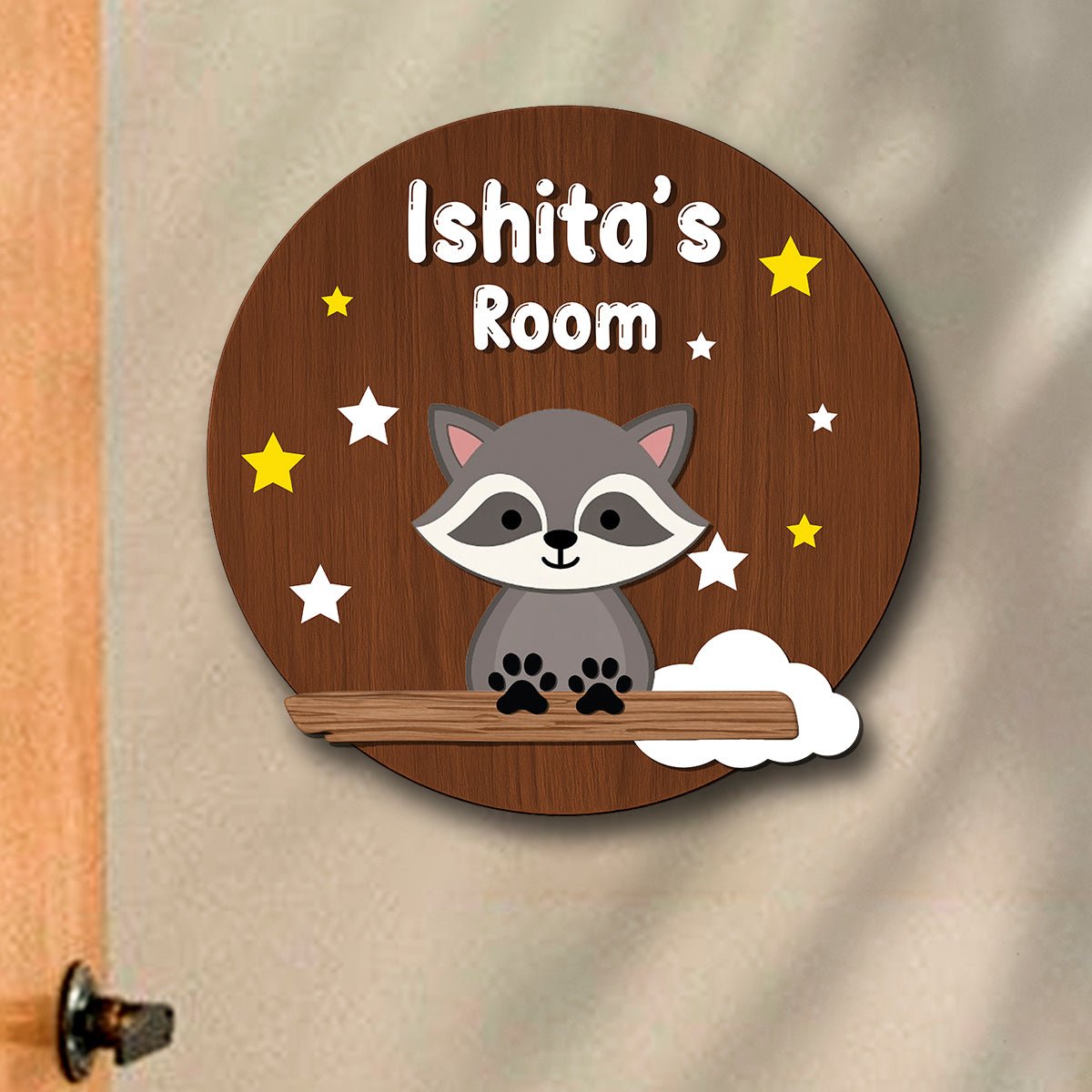 Raccoon Name Plate for Kids Room — Wooden Stars, 12x12 Inch - Sblossom