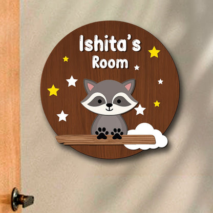Raccoon Name Plate for Kids Room — Wooden Stars, 12x12 Inch - Sblossom