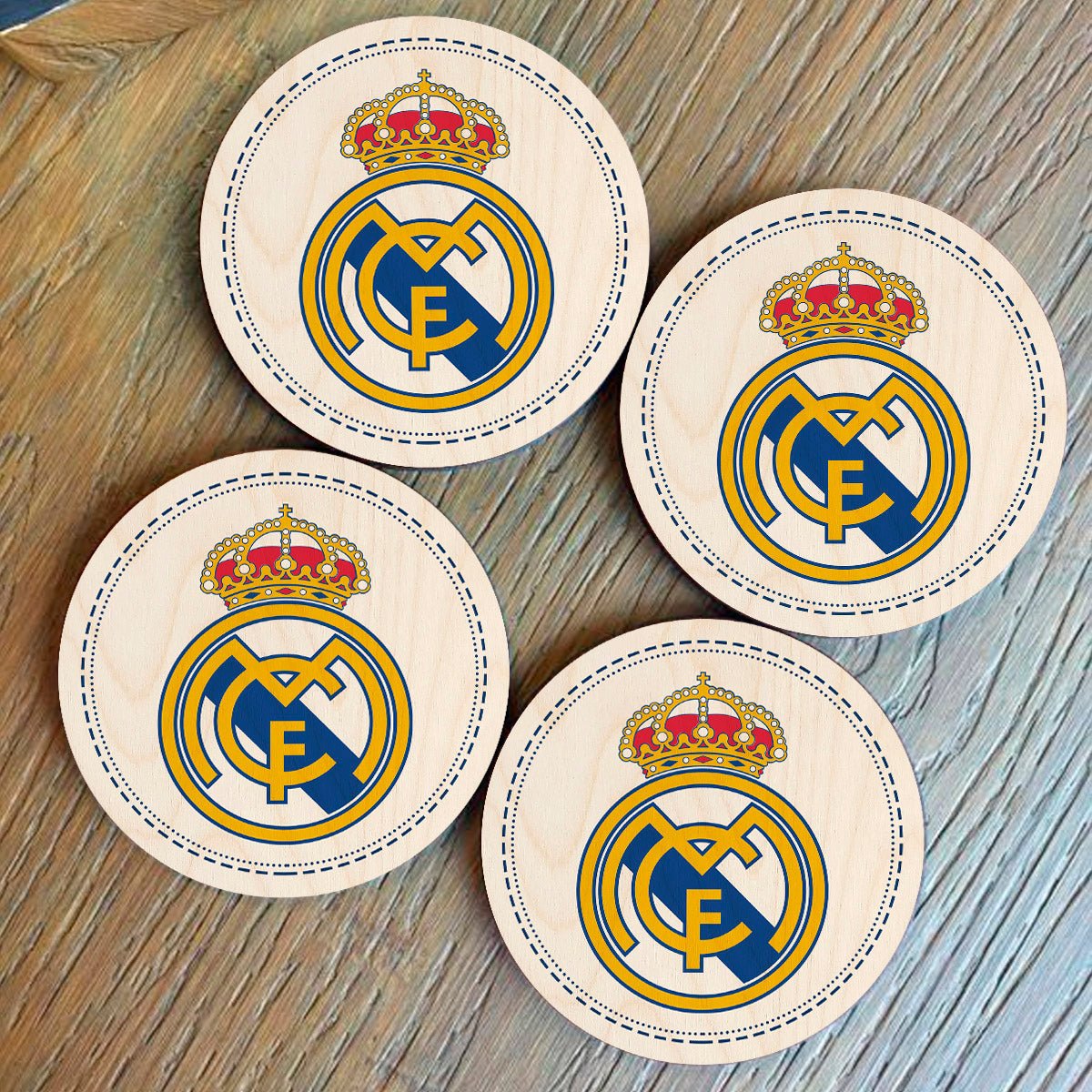 Real Madrid Wooden Coaster Set with Round Football Crest Design - Sblossom