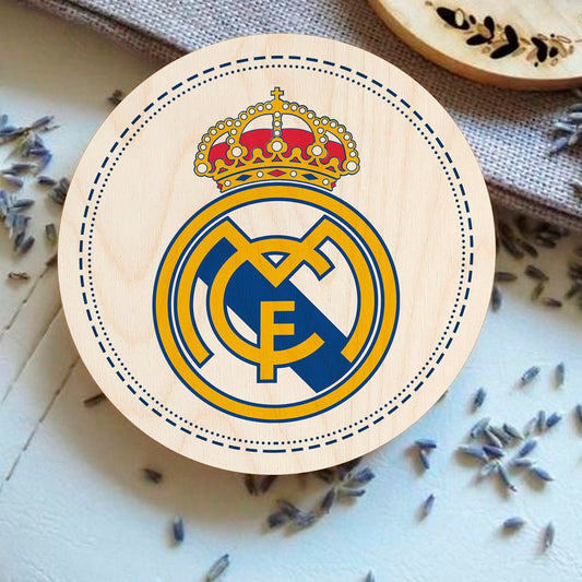 Real Madrid Wooden Coaster Set with Round Football Crest Design - Sblossom