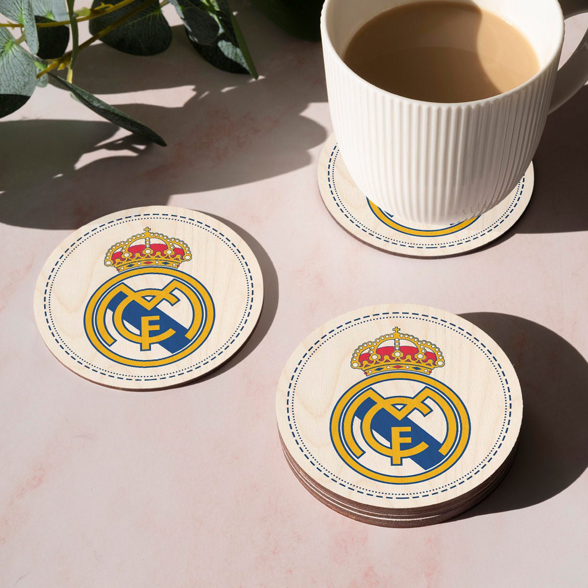 Real Madrid Wooden Coaster Set with Round Football Crest Design - Sblossom