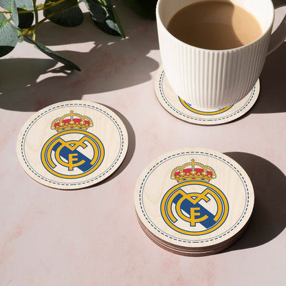 Real Madrid Wooden Coaster Set with Round Football Crest Design - Sblossom