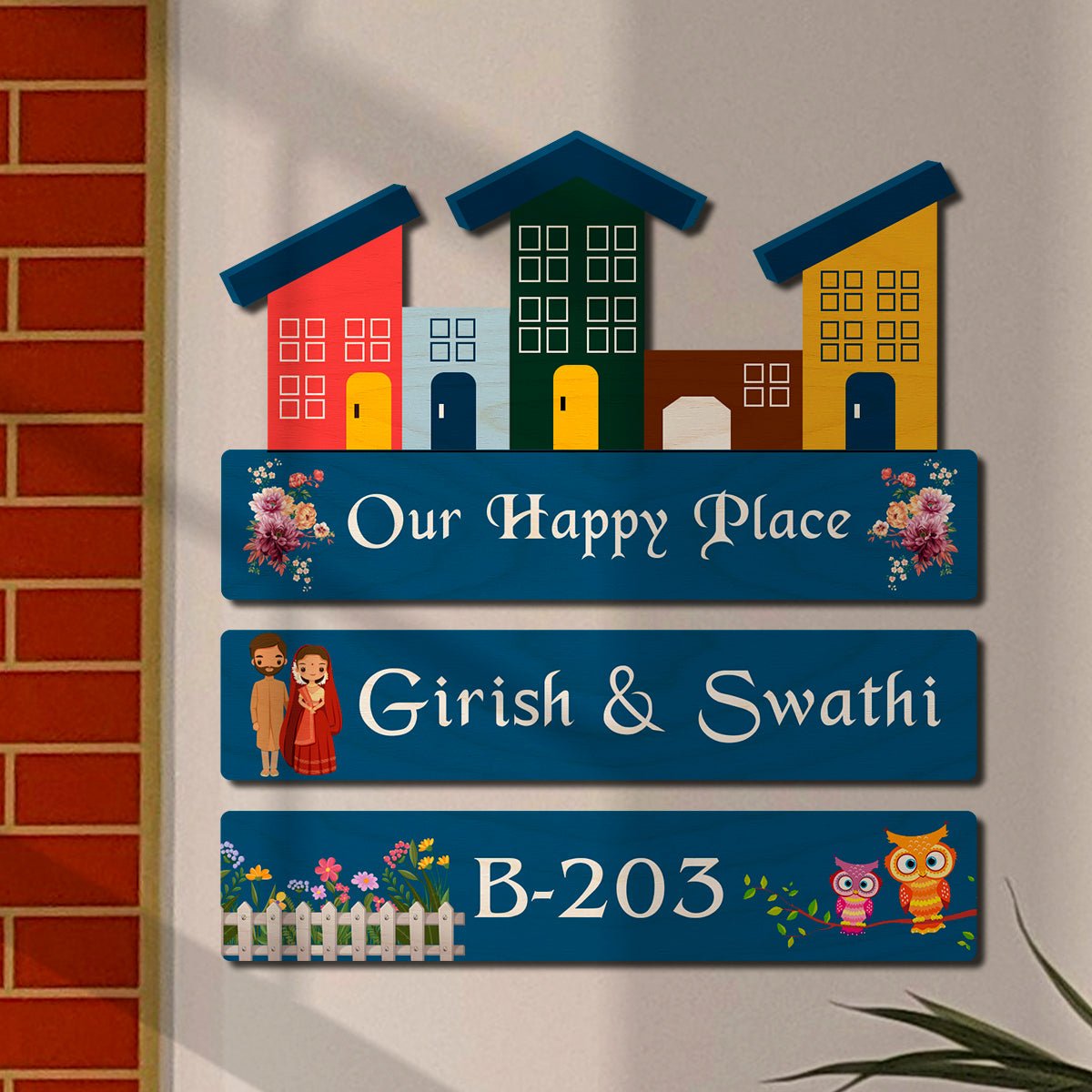 Realistic Family Name Plate – House Row with Couple - Sblossom