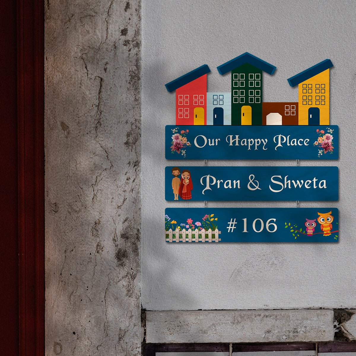 Realistic Family Name Plate – House Row with Couple - Sblossom