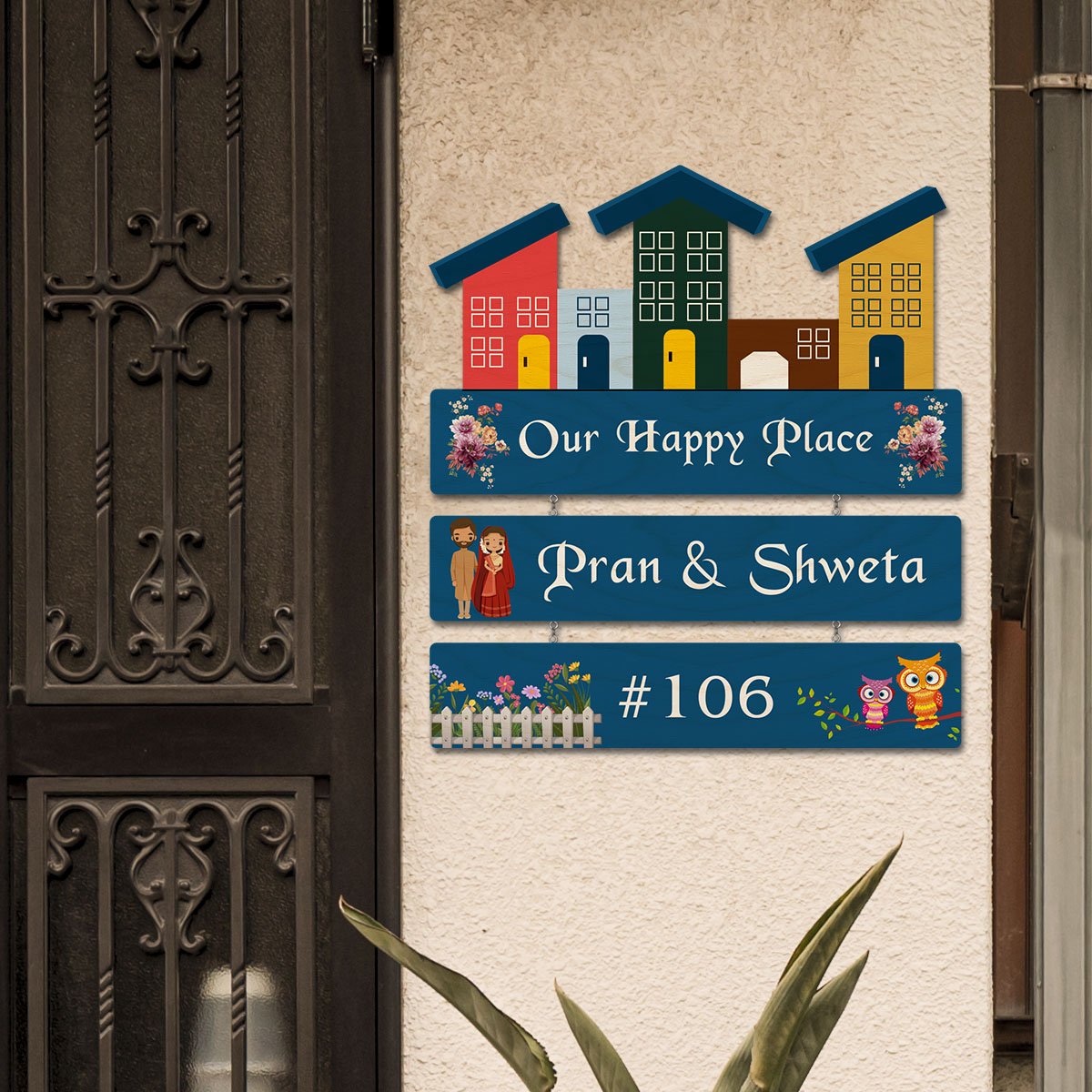 Realistic Family Name Plate – House Row with Couple - Sblossom