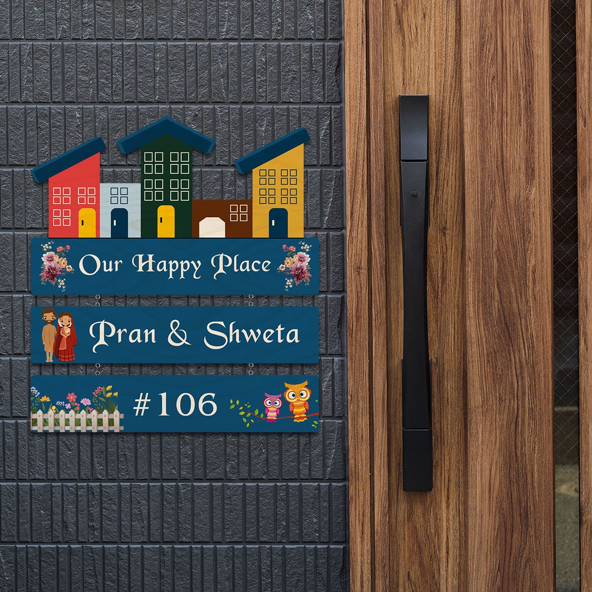 Realistic Family Name Plate – House Row with Couple - Sblossom