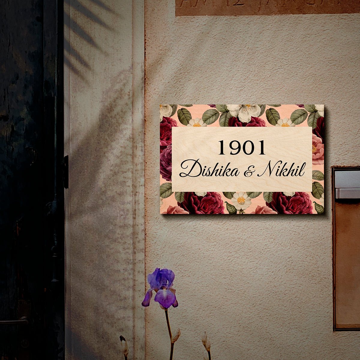 Red-Rose Border Name Plate Design for Flat Door – Wall - Sblossom