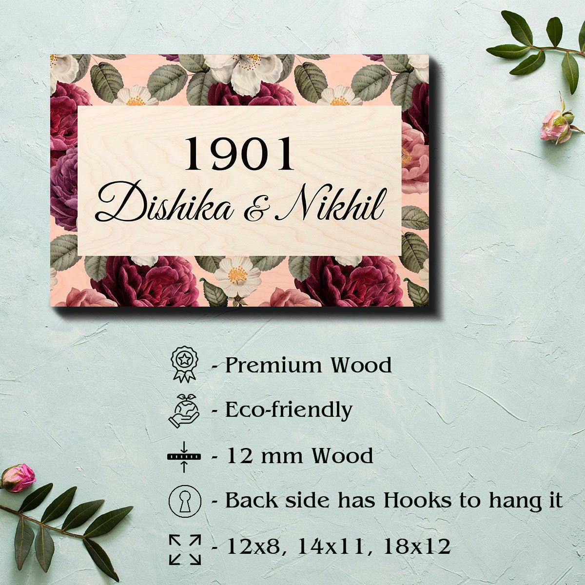 Red-Rose Border Name Plate Design for Flat Door – Wall - Sblossom