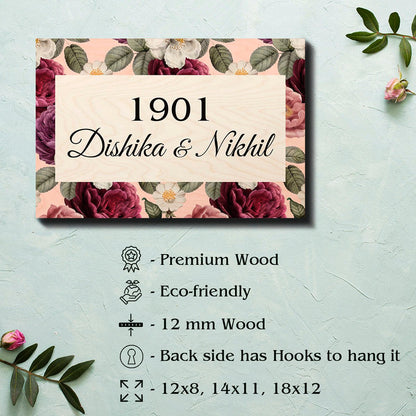 Red-Rose Border Name Plate Design for Flat Door – Wall - Sblossom