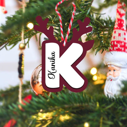 Reindeer Antler Initial Ornament in Wood with 3D Custom Name - Sblossom