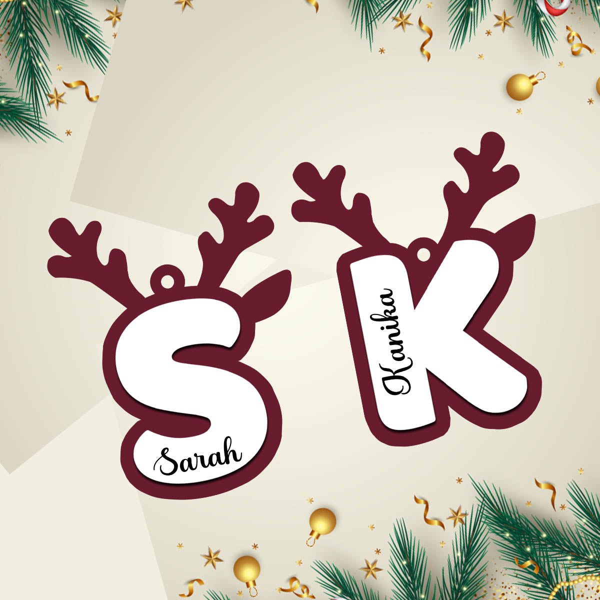 Reindeer Antler Initial Ornament in Wood with 3D Custom Name - Sblossom