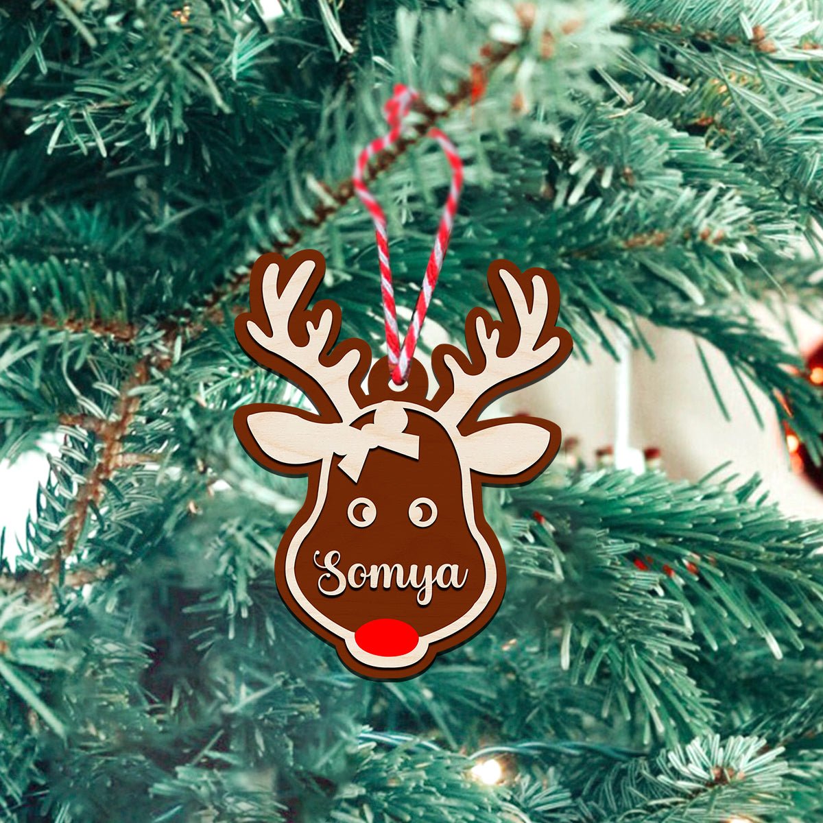 Reindeer Christmas Ornament in Wood with Custom Name for Tree - Sblossom