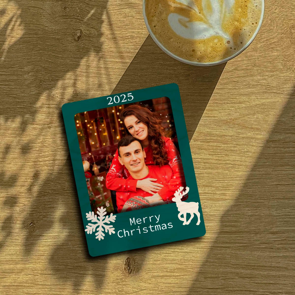 Reindeer Christmas Photo Magnet in Wood with 2025 Snowflake Print - Sblossom