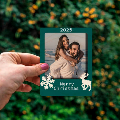 Reindeer Christmas Photo Magnet in Wood with 2025 Snowflake Print - Sblossom