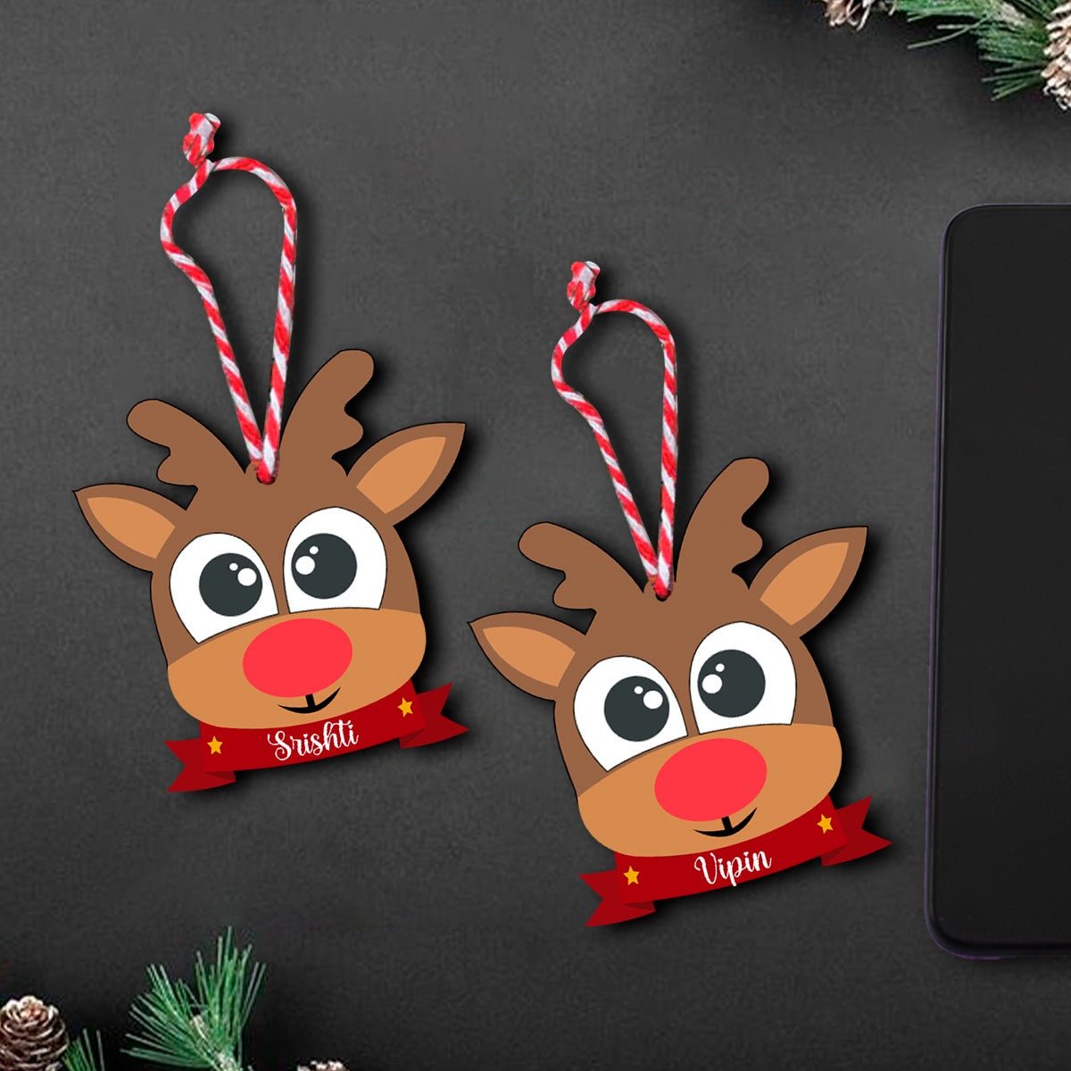 Reindeer Face Ornament for Kids in Wood with Custom Name Design - Sblossom