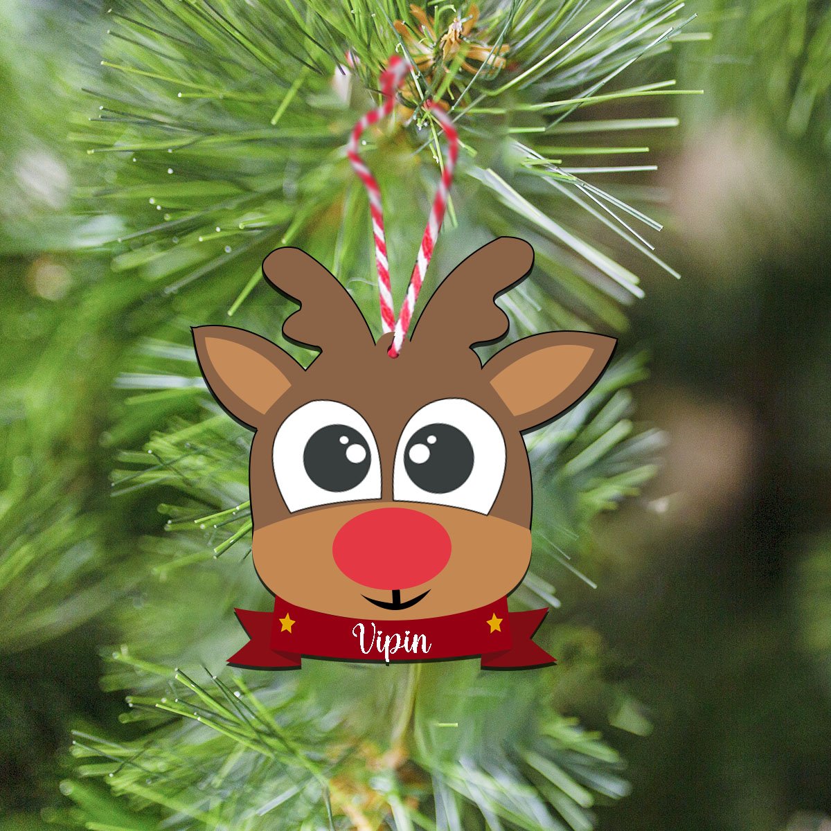 Reindeer Face Ornament for Kids in Wood with Custom Name Design - Sblossom