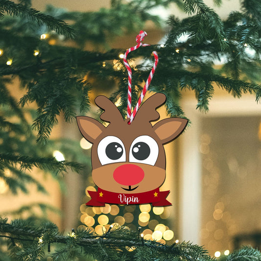 Reindeer Face Ornament for Kids in Wood with Custom Name Design - Sblossom