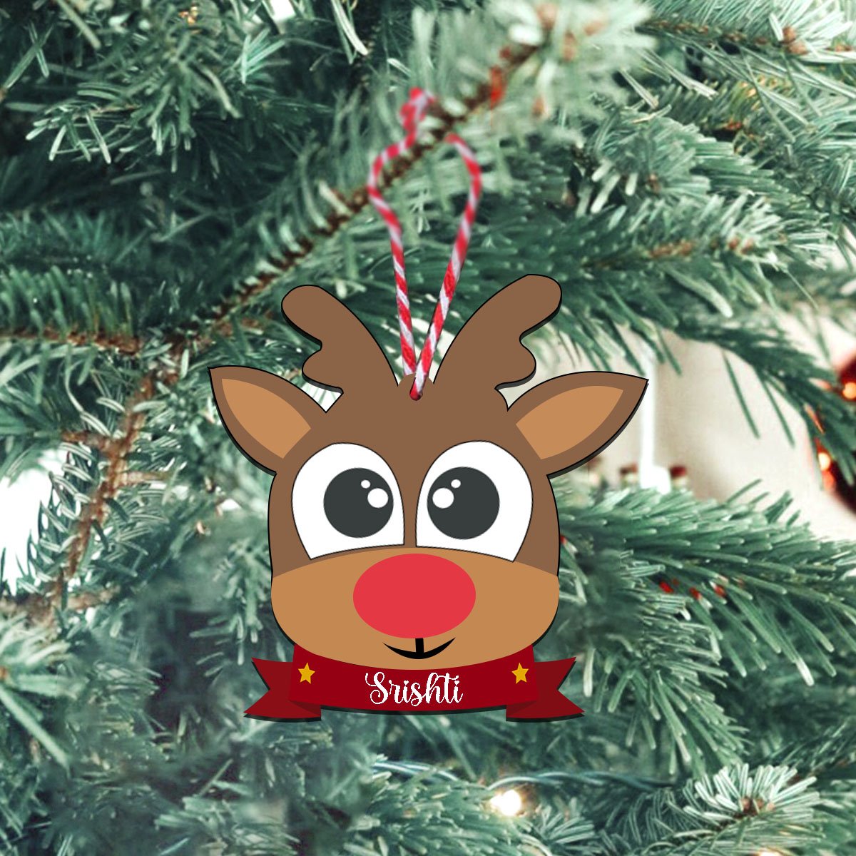 Reindeer Face Ornament for Kids in Wood with Custom Name Design - Sblossom