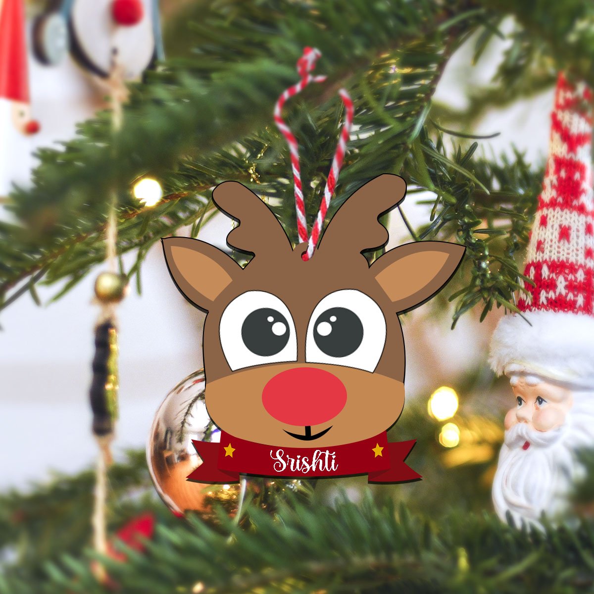 Reindeer Face Ornament for Kids in Wood with Custom Name Design - Sblossom