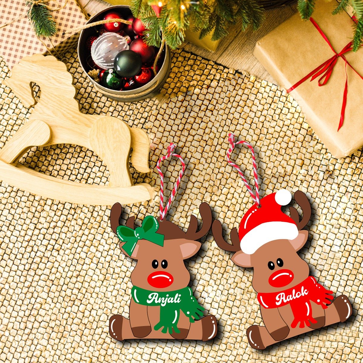 Reindeer Ornament with Name in Wood and Cute Cartoon Design - Sblossom