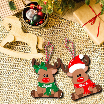 Reindeer Ornament with Name in Wood and Cute Cartoon Design - Sblossom