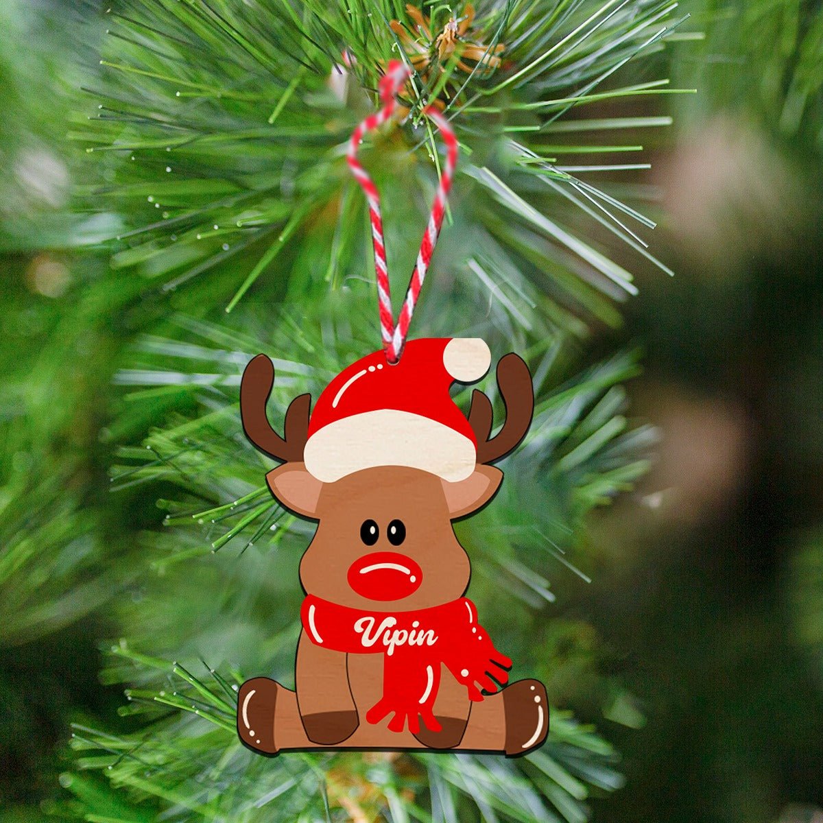 Reindeer Ornament with Name in Wood and Cute Cartoon Design - Sblossom