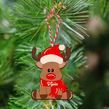 Reindeer Ornament with Name in Wood and Cute Cartoon Design - Sblossom