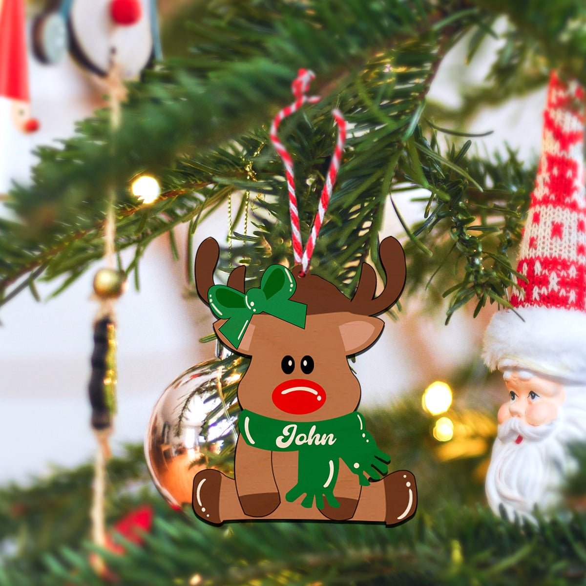 Reindeer Ornament with Name in Wood and Cute Cartoon Design - Sblossom