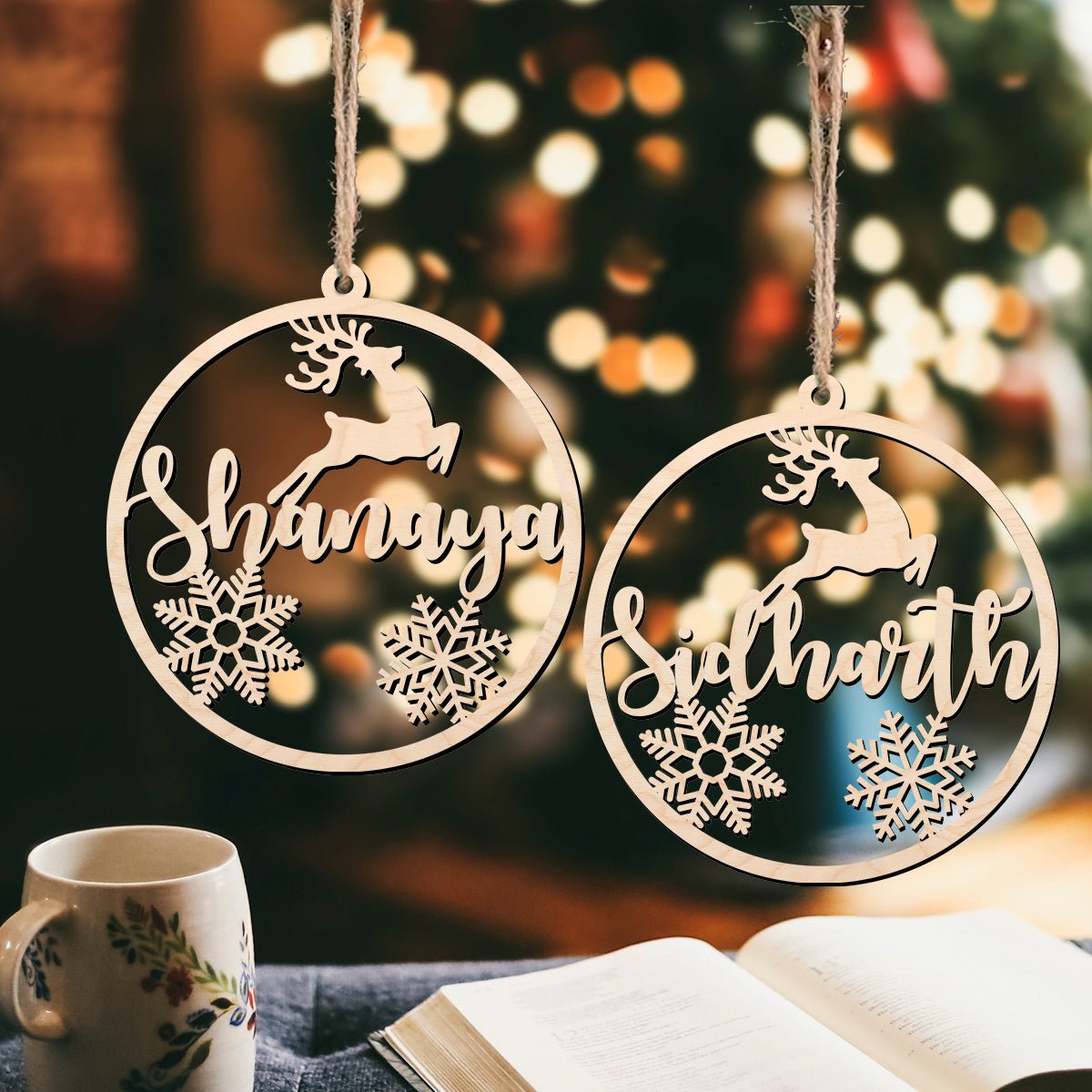 Reindeer Snowflake Ornament in Wood with Laser Cut Custom Name - Sblossom