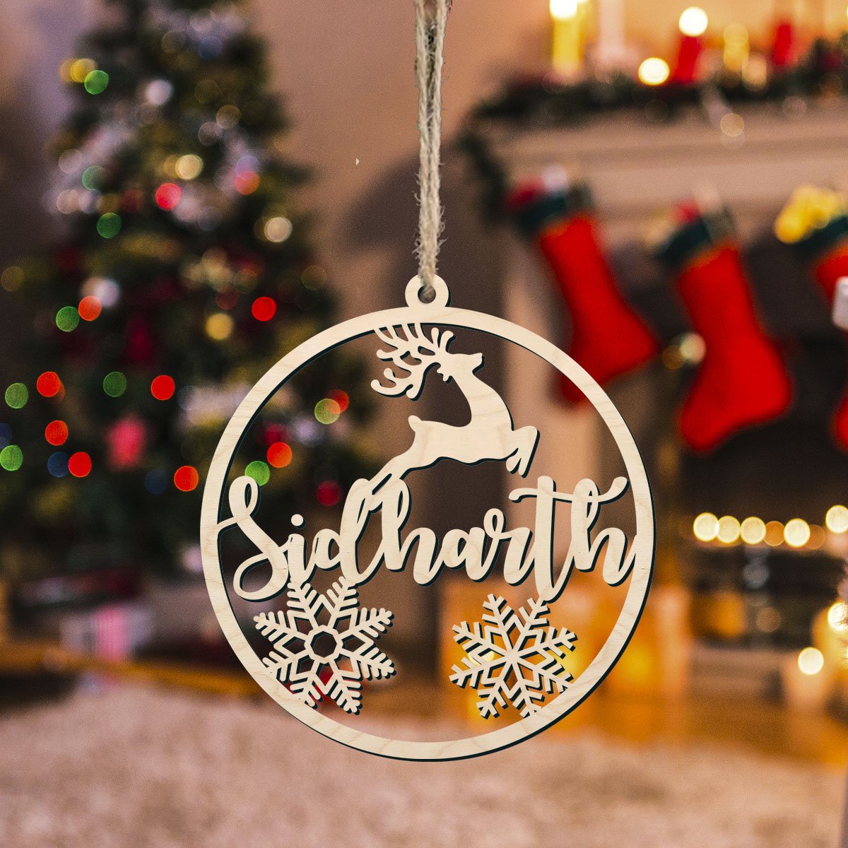 Reindeer Snowflake Ornament in Wood with Laser Cut Custom Name - Sblossom