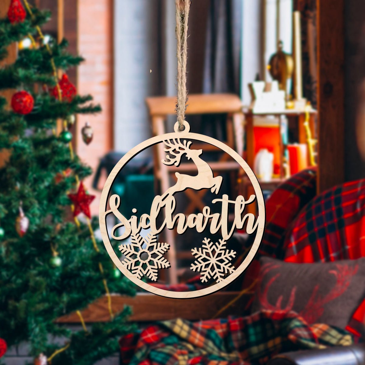 Reindeer Snowflake Ornament in Wood with Laser Cut Custom Name - Sblossom