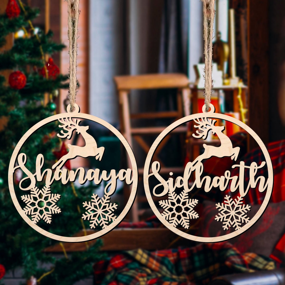 Reindeer Snowflake Ornament in Wood with Laser Cut Custom Name - Sblossom