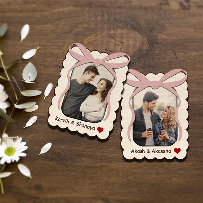 Ribbon Bow Couple Magnet in Wood with Scalloped Photo Design - Sblossom