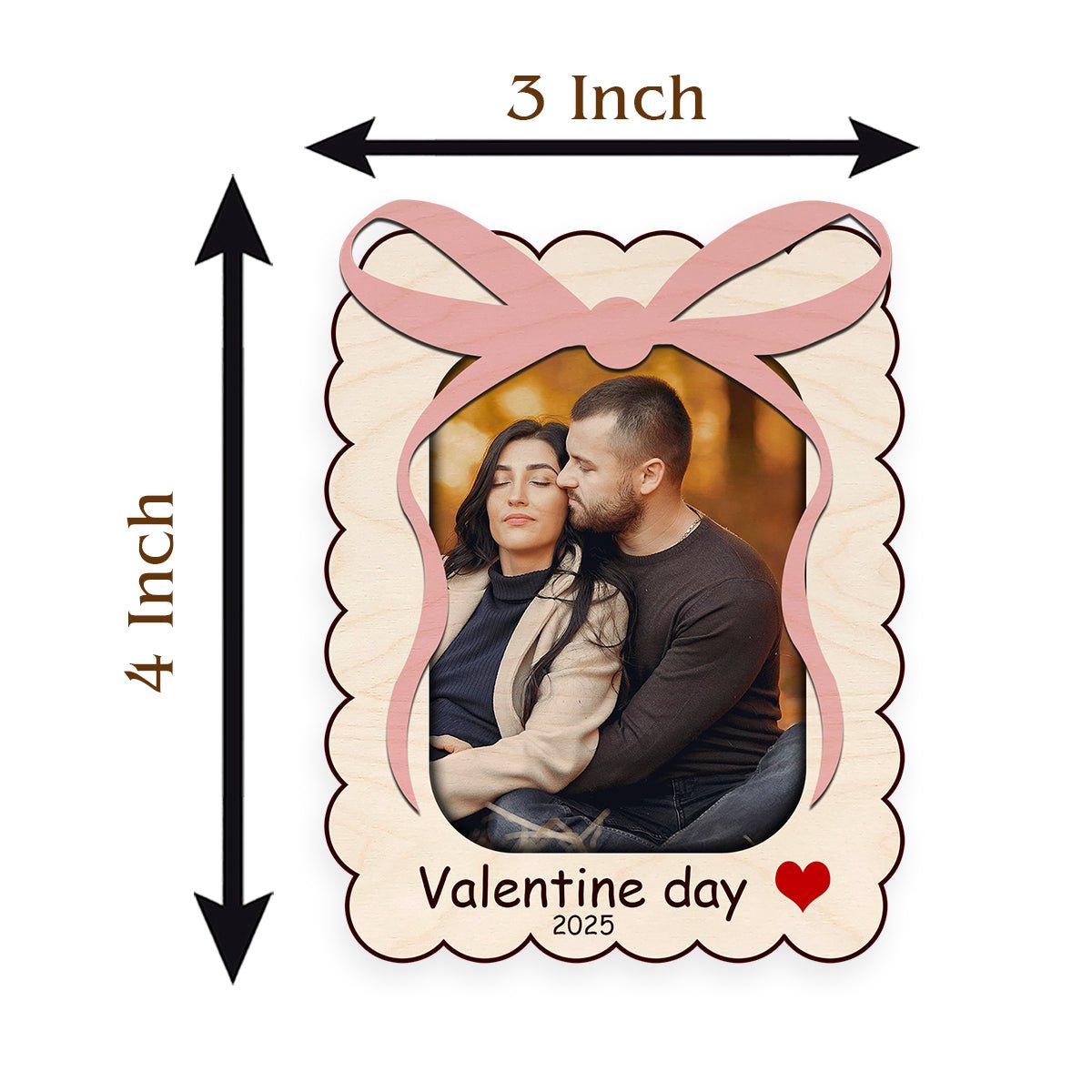 Ribbon Bow Couple Magnet in Wood with Scalloped Photo Design - Sblossom