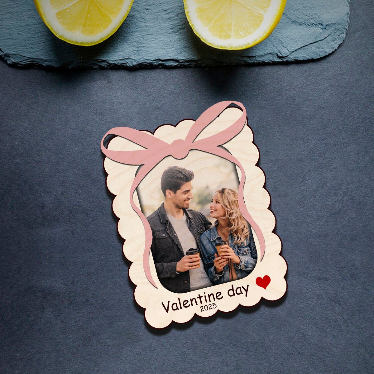 Ribbon Bow Couple Magnet in Wood with Scalloped Photo Design - Sblossom