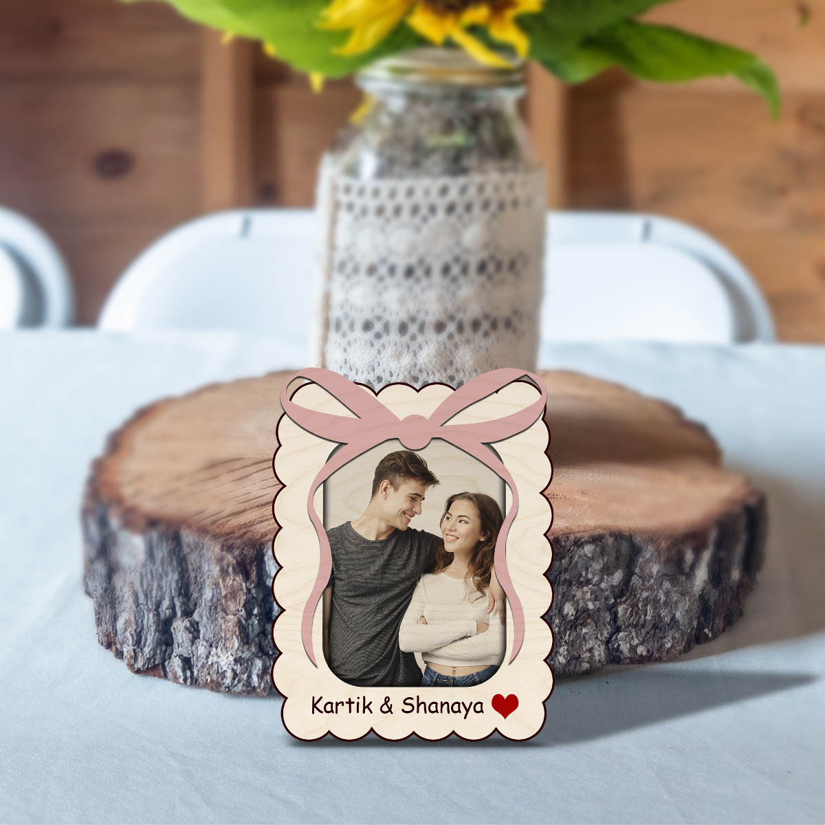 Ribbon Bow Couple Magnet in Wood with Scalloped Photo Design - Sblossom