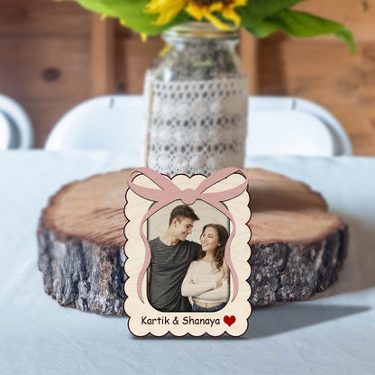 Ribbon Bow Couple Magnet in Wood with Scalloped Photo Design - Sblossom