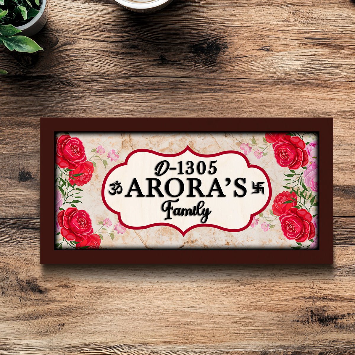 Rose-Corner Family Name Plate for Door – Framed - Sblossom