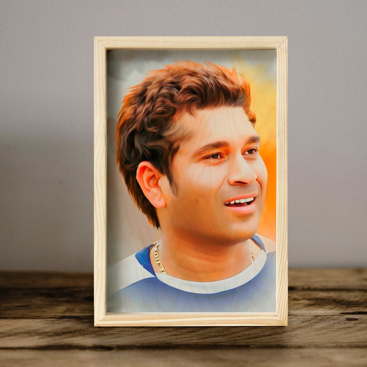 Sachin Tendulkar Wooden Frame Wall Art with Pine Portrait Design - Sblossom