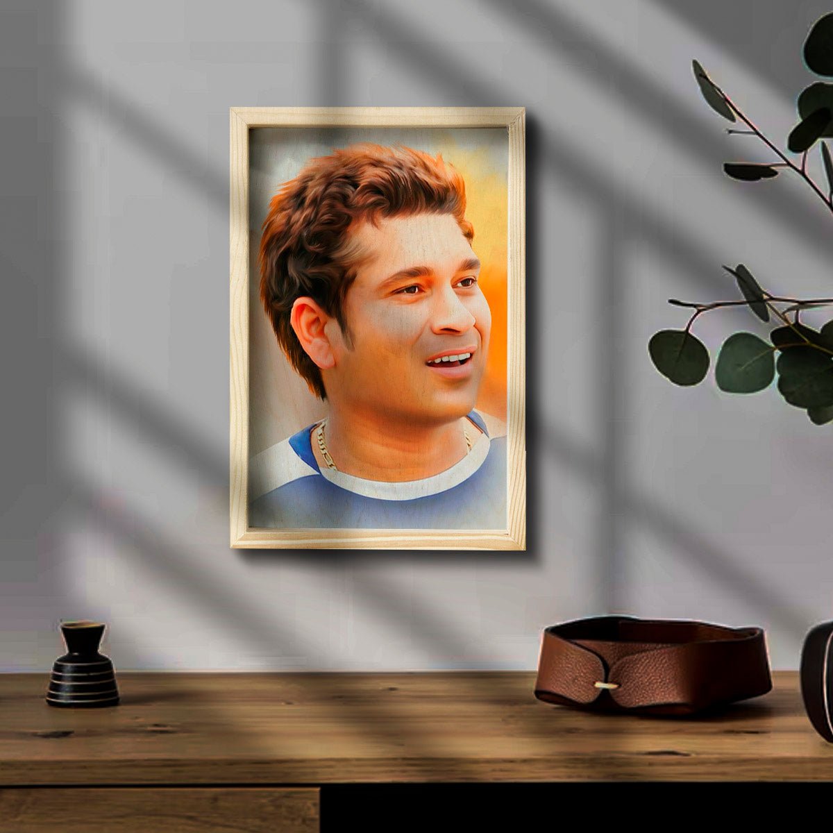 Sachin Tendulkar Wooden Frame Wall Art with Pine Portrait Design - Sblossom