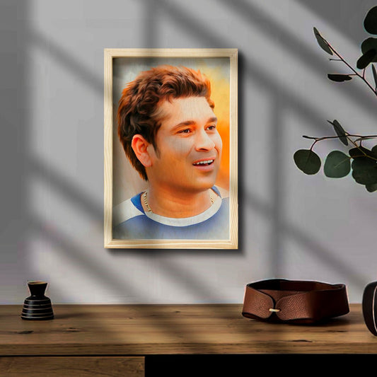 Sachin Tendulkar Wooden Frame Wall Art with Pine Portrait Design - Sblossom