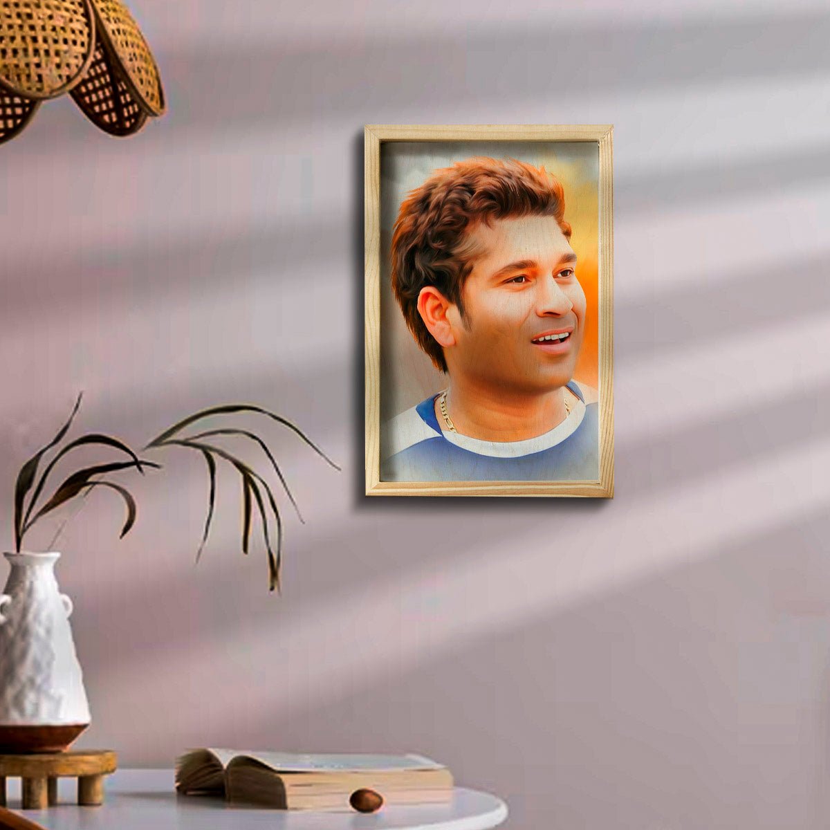 Sachin Tendulkar Wooden Frame Wall Art with Pine Portrait Design - Sblossom