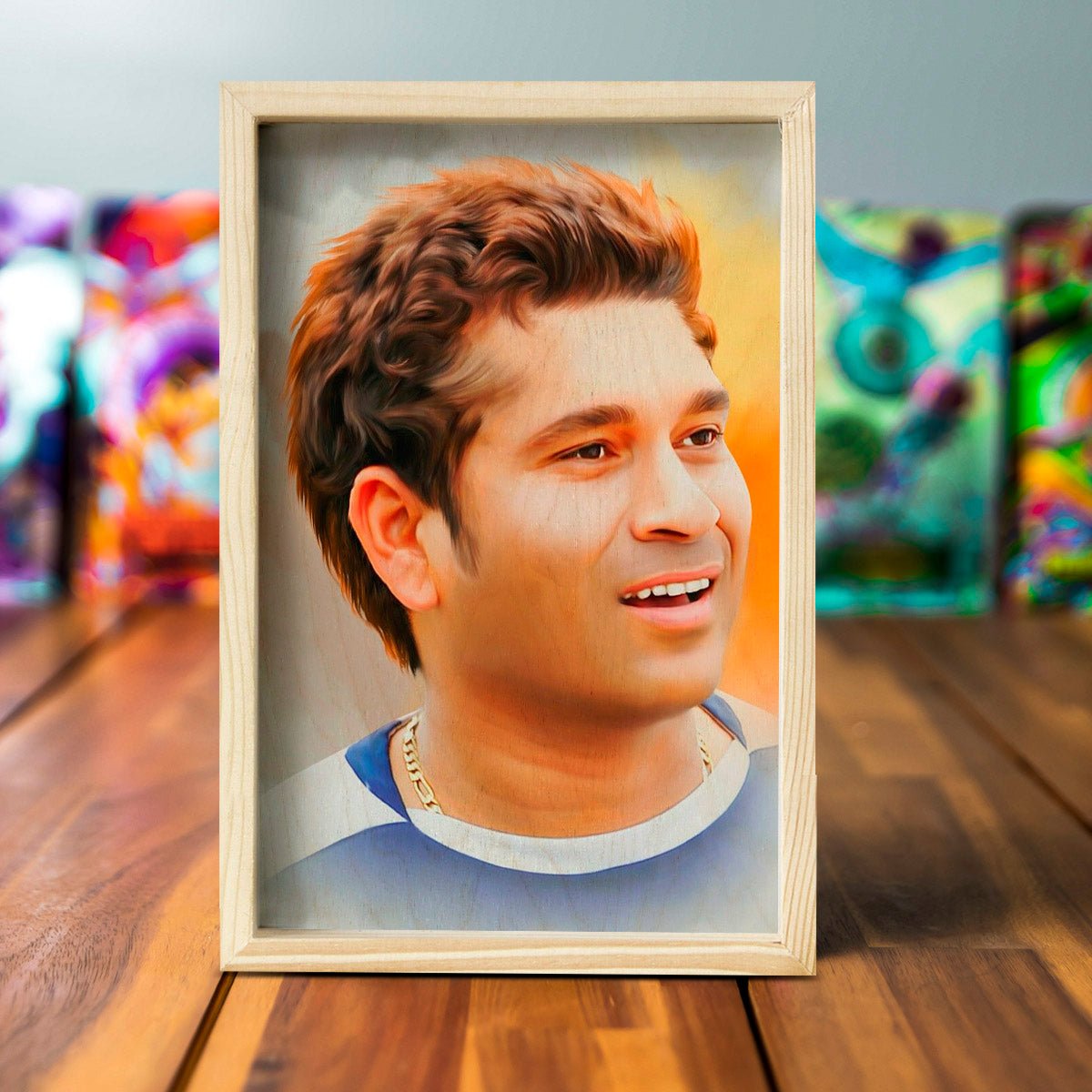 Sachin Tendulkar Wooden Frame Wall Art with Pine Portrait Design - Sblossom